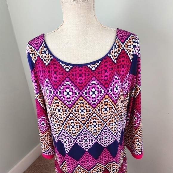 TRIBAL WOMEN'S SHIFT 3/4 SLEEVES AZTEC COLORFUL DESIGN LINED DRESS SIZE LARGE - Picture 3 of 9